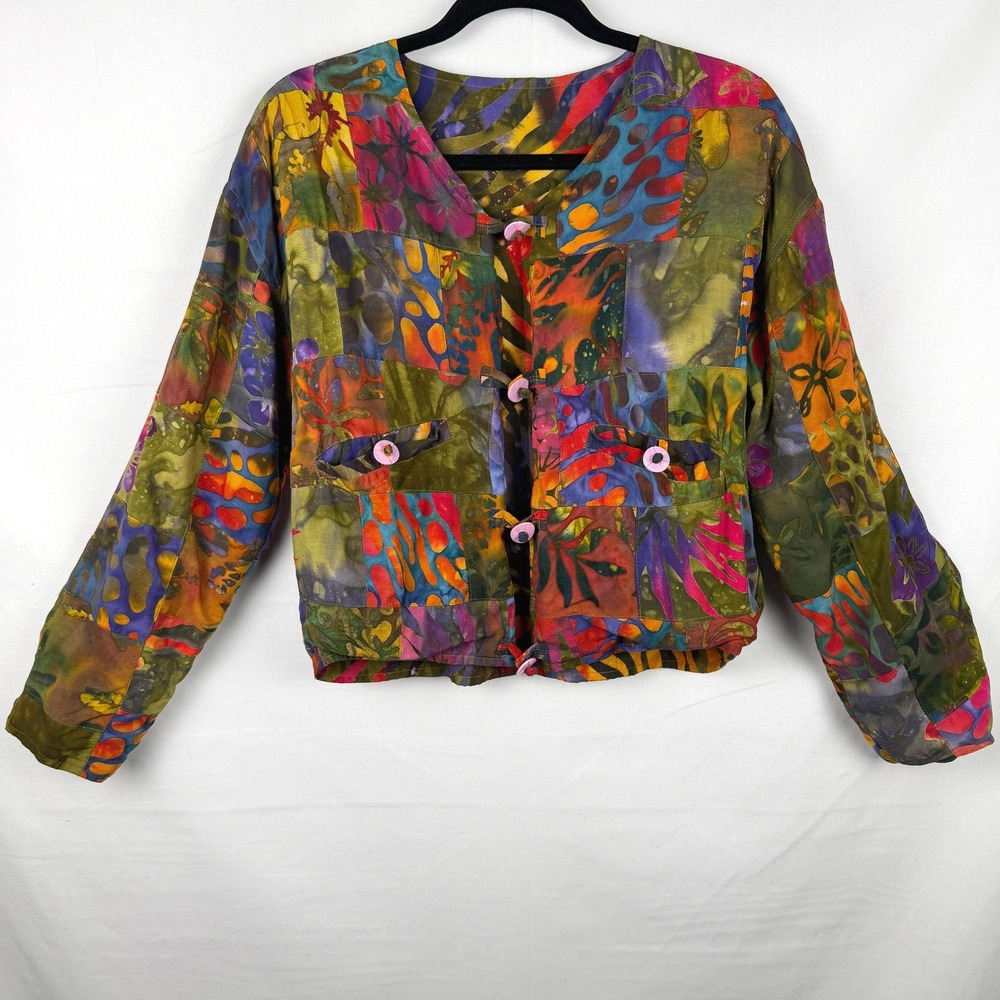 Vintage Tropical Tantrum 90s Patchwork Batik Jacket One Size L Art To Wear